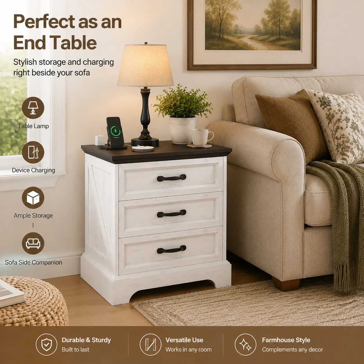 Farmhouse Nightstand With Charging Station And Three Wooden Drawers