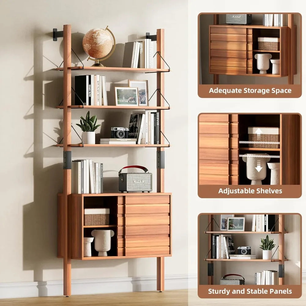 Mid Century Modern Ladder Bookshelf With Storage Cabinet