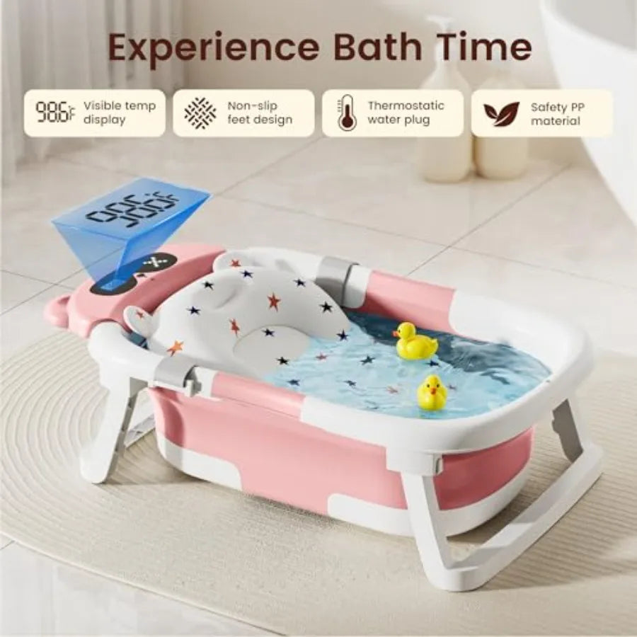 Baby BathtubFoldable Baby Bath Tub for Newborn to Toddler 0-18 Months Collapsible Infant Tub for Travel with Thermometer Soft C
