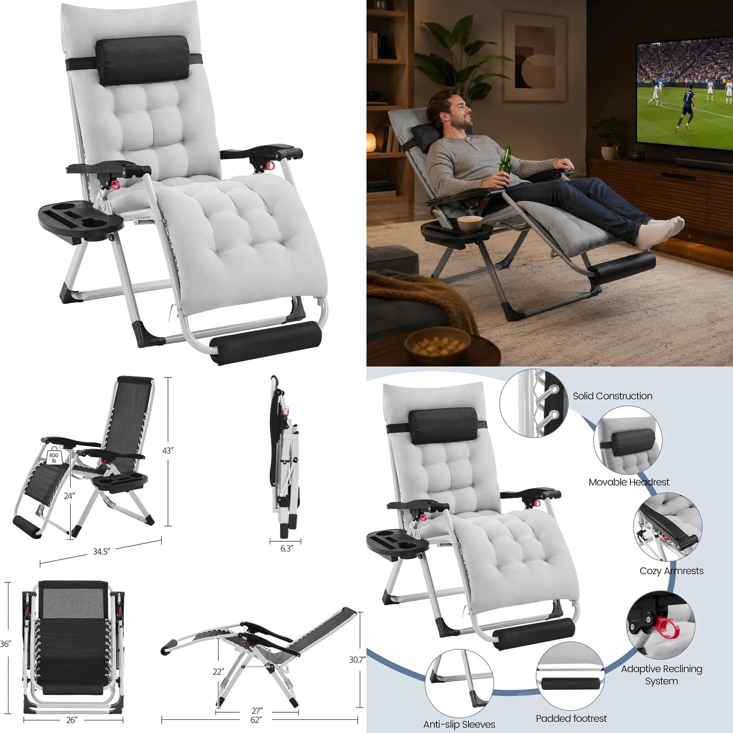 26"Zero Gravity Chair Folding Recliner with Removable Pad Headrest Cup Holder Tray Indoor Outdoor
