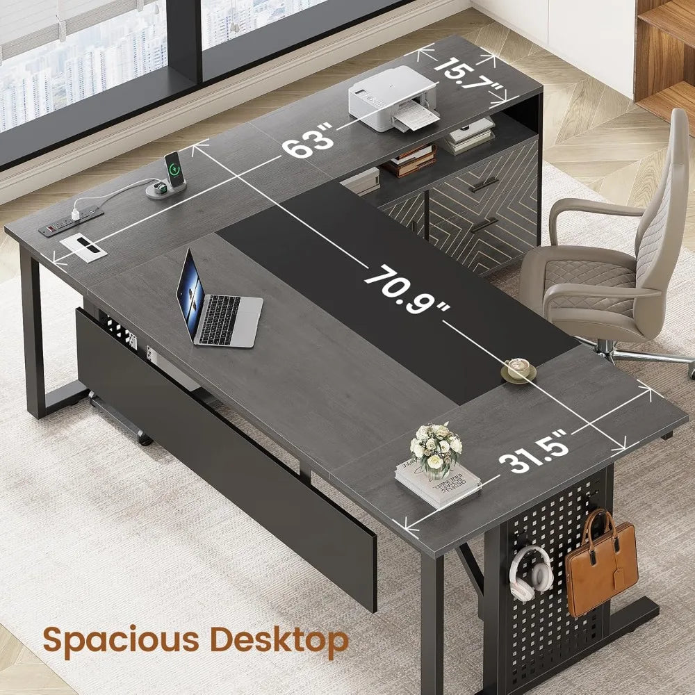 L Shaped Executive Desk With Power Outlets And Drawers