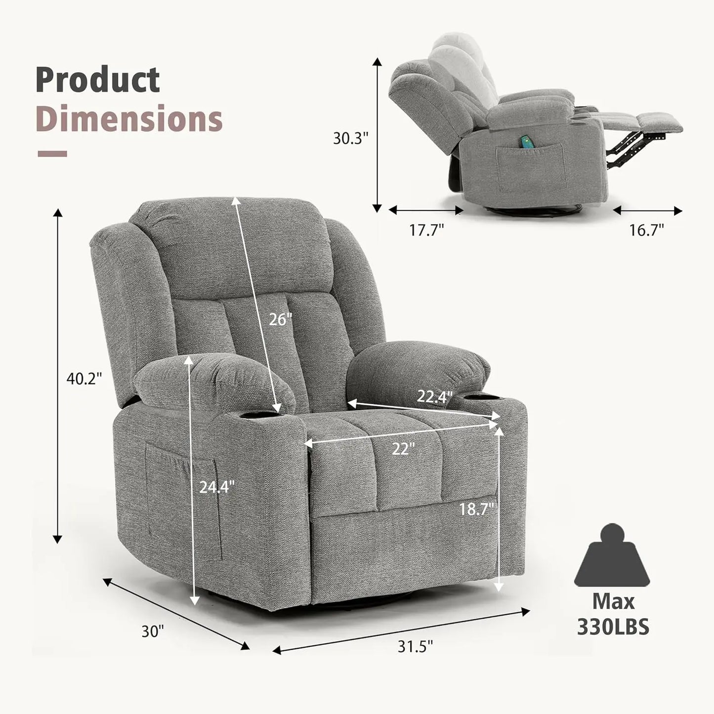 Overstuffed Rocker Recliner with Massage & Heat, Soft Fabric Glider for Living Room, Manual Swivel, Large Adult, Custom