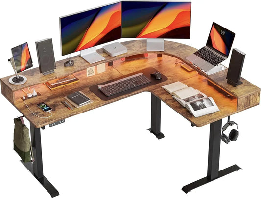 L Shaped Standing Desk With Arc LED and Triple Motors