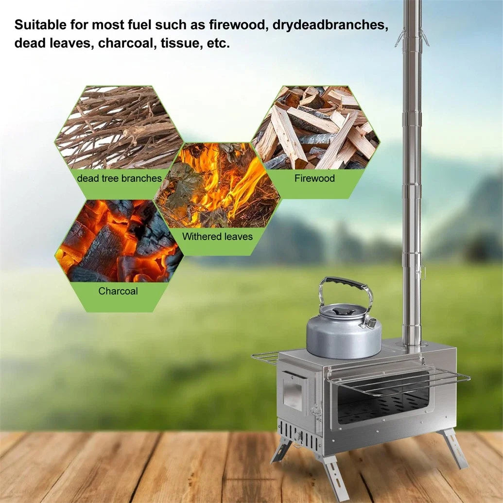Wood Burning Portable Stove With Stainless Outdoor Chimney Pipes