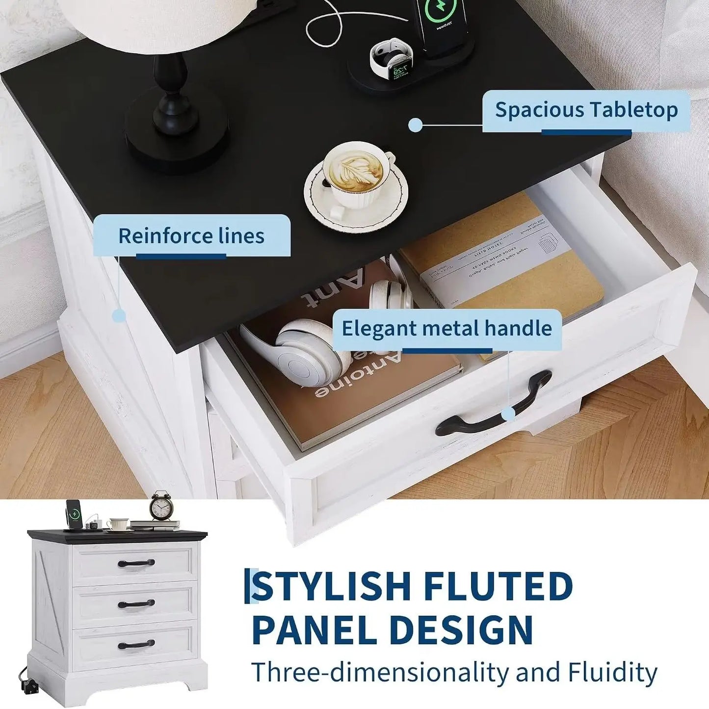 Farmhouse Nightstand With Charging Station And Three Wooden Drawers