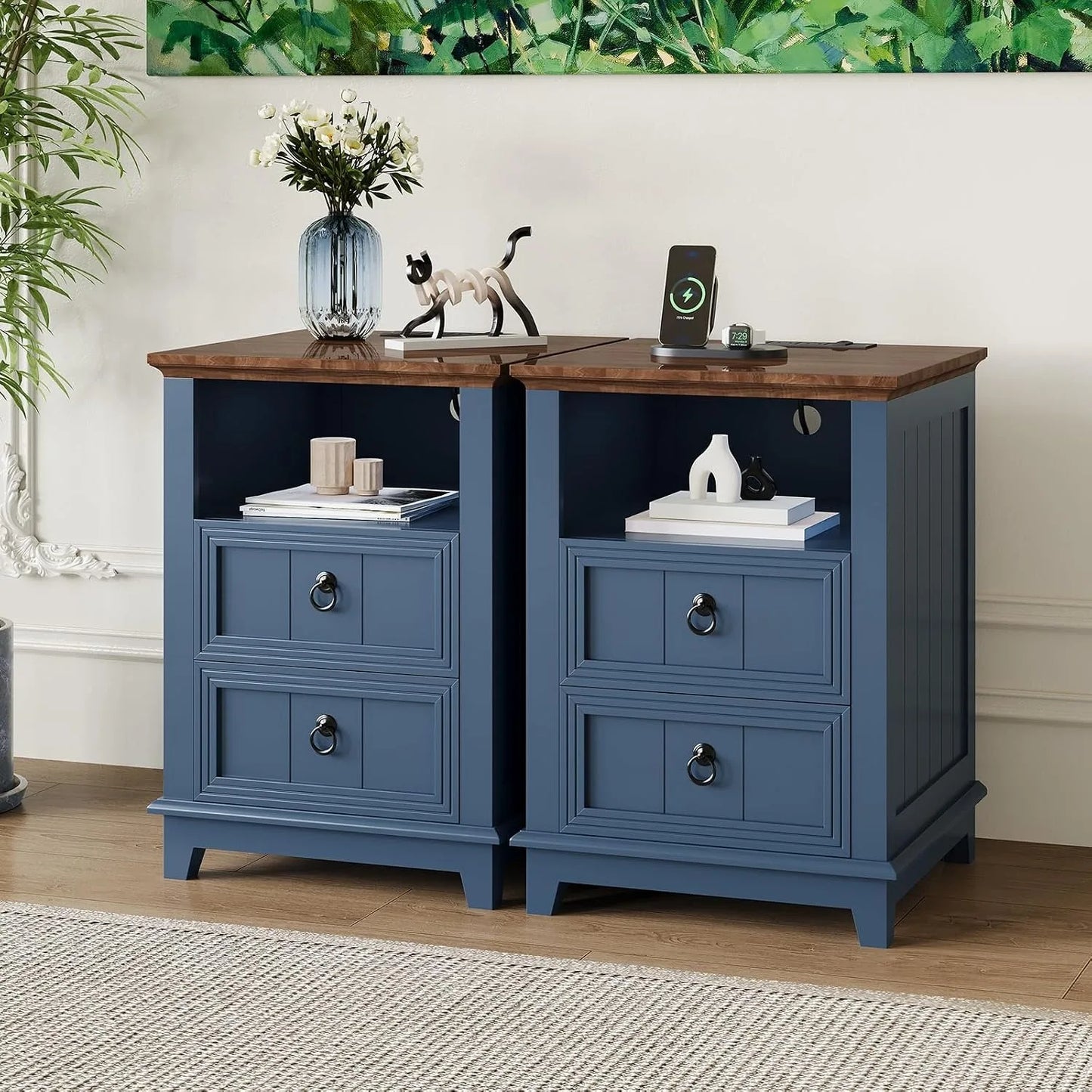 Modern Wood Nightstand With USB Charging And Storage Shelf