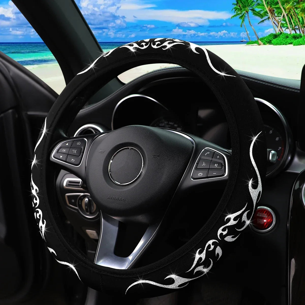 Meikaxiu Bling Bling Flame Totem Fabric Steering Wheel Cover