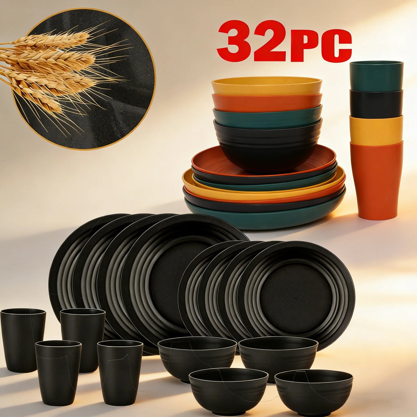 Wheat Straw Dinnerware Set Service For 8 BPA Free Unbreakable
