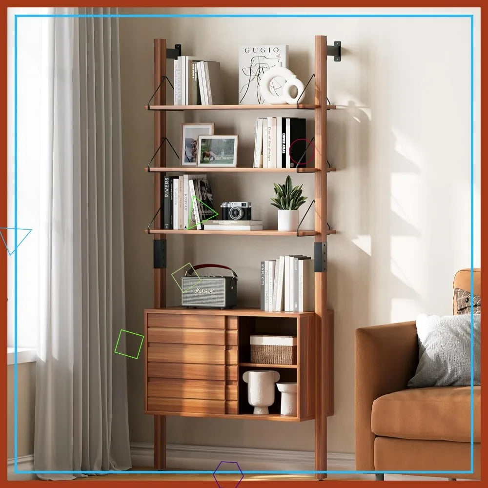 Mid Century Modern Ladder Bookshelf With Storage Cabinet