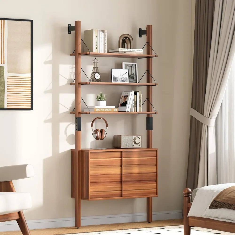 Mid Century Modern Ladder Bookshelf With Storage Cabinet