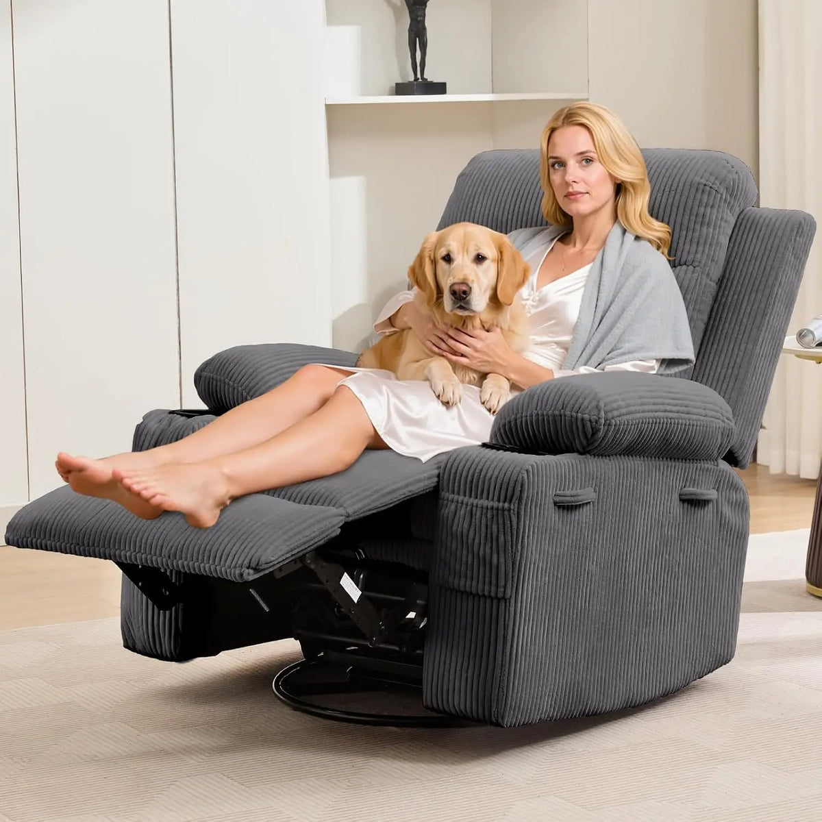 Garvee 360° Swivel Glider Rocker Massage Office Chair Full Body Airbag Sofa with Massage & Heat Wide Seat Manual Lounge Armchair with Cup Holder, for Living Room/Nursery/Bedroom/RV