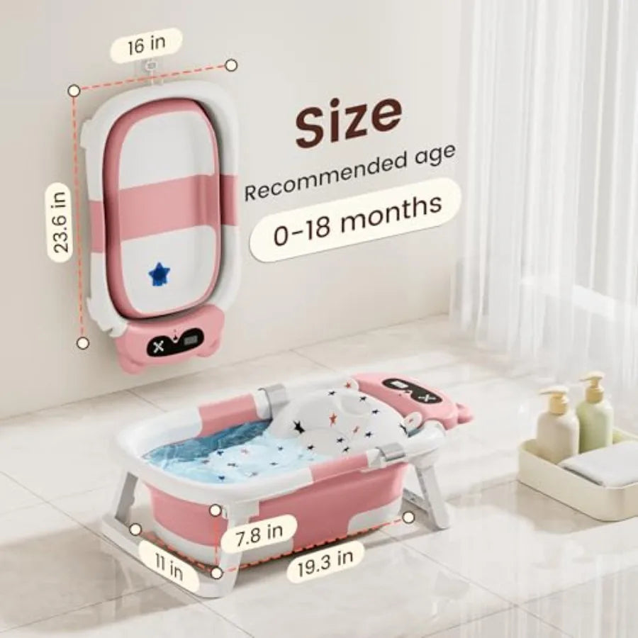 Baby BathtubFoldable Baby Bath Tub for Newborn to Toddler 0-18 Months Collapsible Infant Tub for Travel with Thermometer Soft C