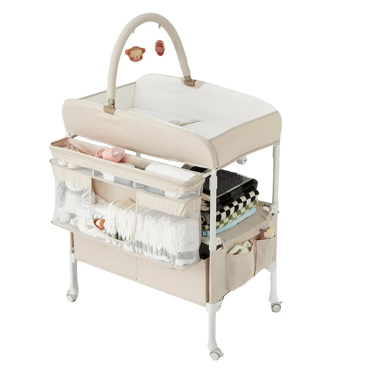 Portable Baby Changing Table with Wheels for Nursery Foldable Diaper Table with Adjustable Height Drying Rack Large Storage Organizer and 2 Drawers for Easy Travel. ﻿
