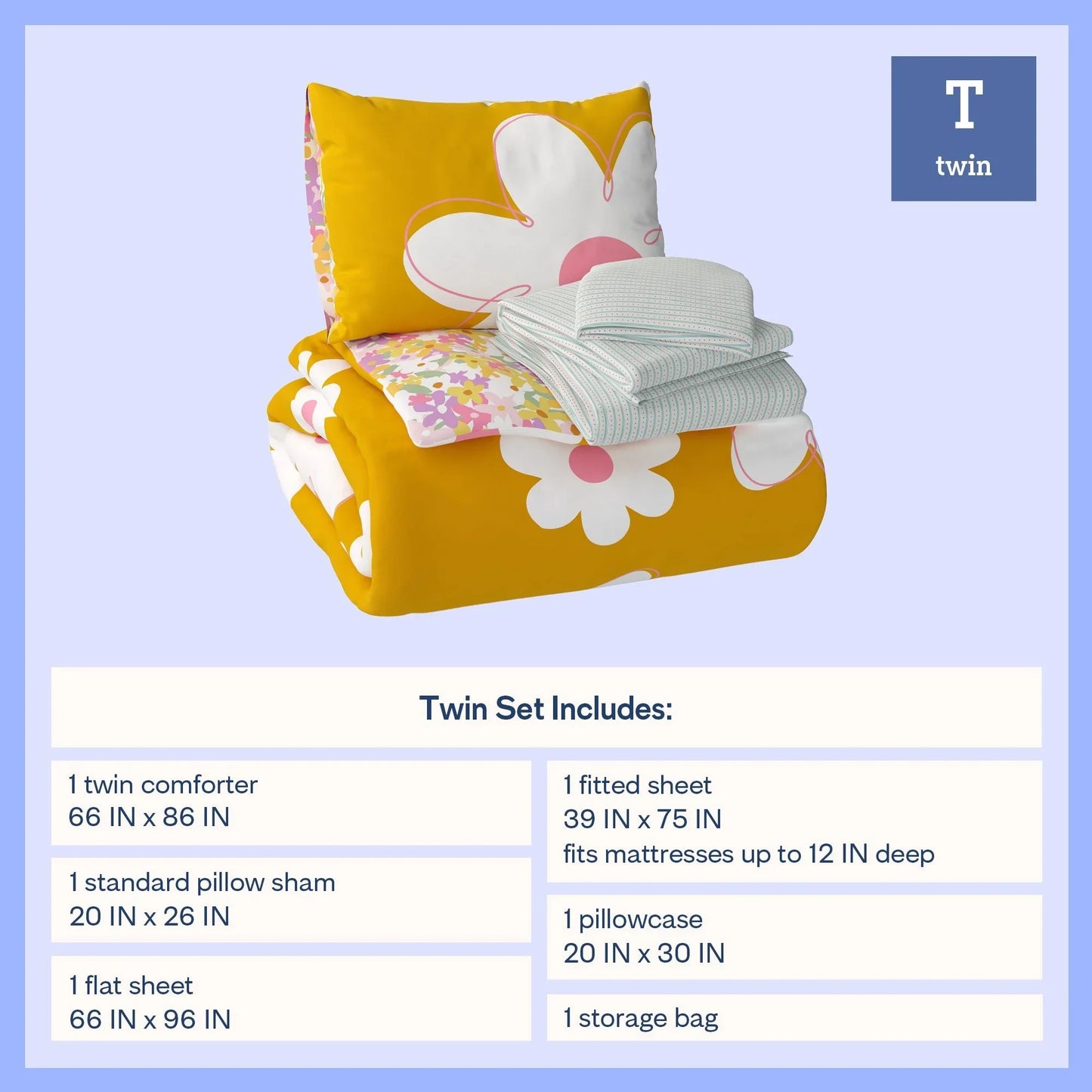 5 Piece Twin Size Daisy Pattern Reversible Comforter Complete Bedding Set Includes Matching Sheets Soft Comfortable Breathable All Season Cozy Bed Linens Stylish Bedroom Decor Easy Wash Durable Household Sleeping Essential Be