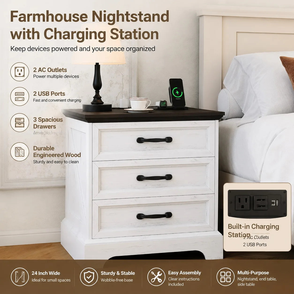 Farmhouse Nightstand With Charging Station And Three Wooden Drawers