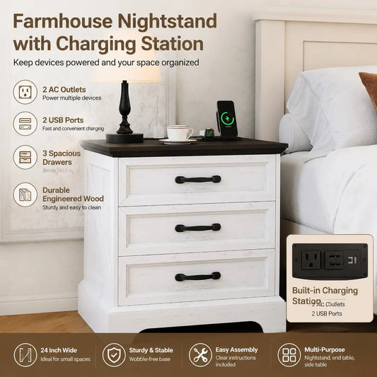 Farmhouse Nightstand With Charging Station And Three Wooden Drawers