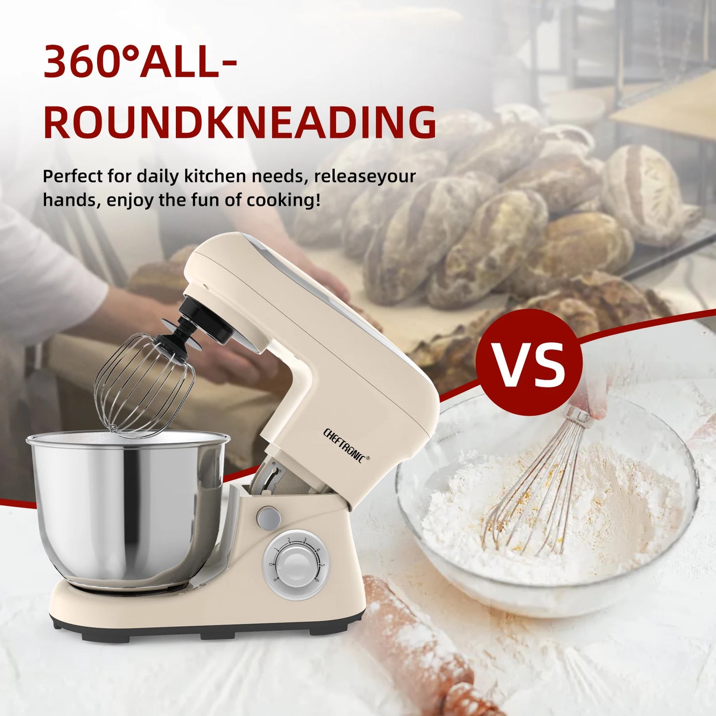 Cheftronic Tilt-Head Stand Mixer 500W 6+ Speeds for Kitchen