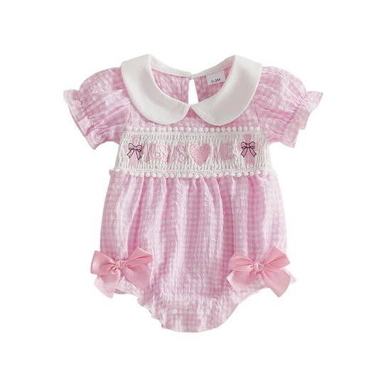 NONECN Baby Girls Summer Romper With Heart Embroidery Plaid Design