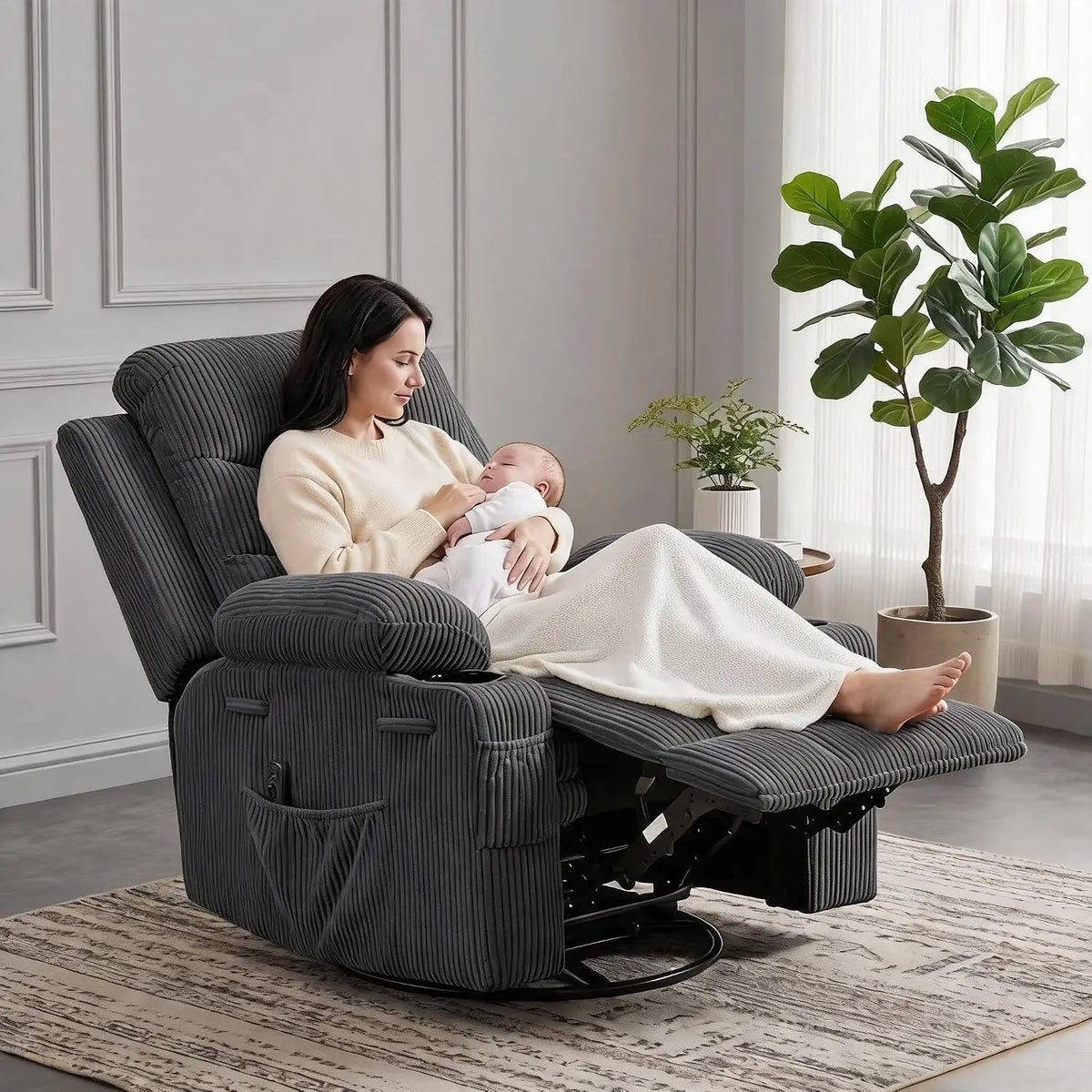 Garvee 360° Swivel Glider Rocker Massage Office Chair Full Body Airbag Sofa with Massage & Heat Wide Seat Manual Lounge Armchair with Cup Holder, for Living Room/Nursery/Bedroom/RV