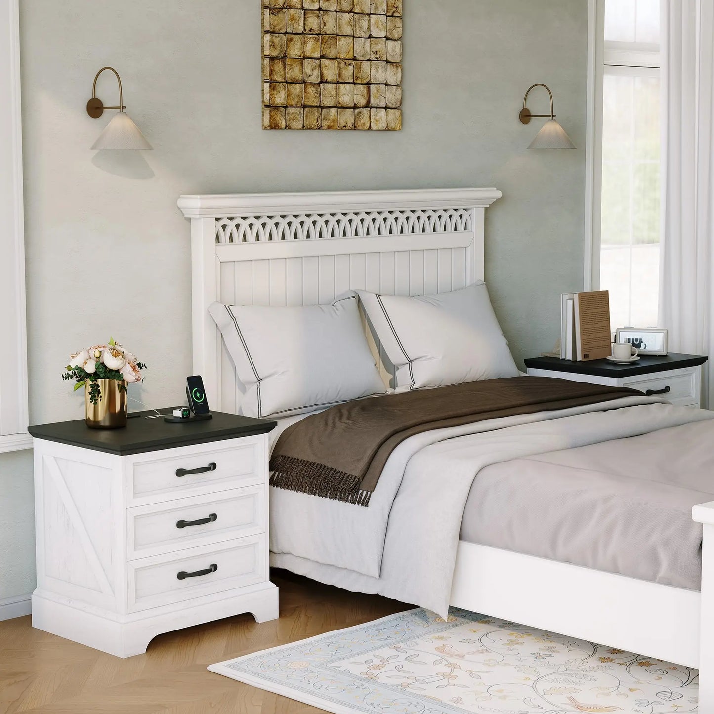 Modern Farmhouse Wood Nightstand With Charging Station And Storage Drawers