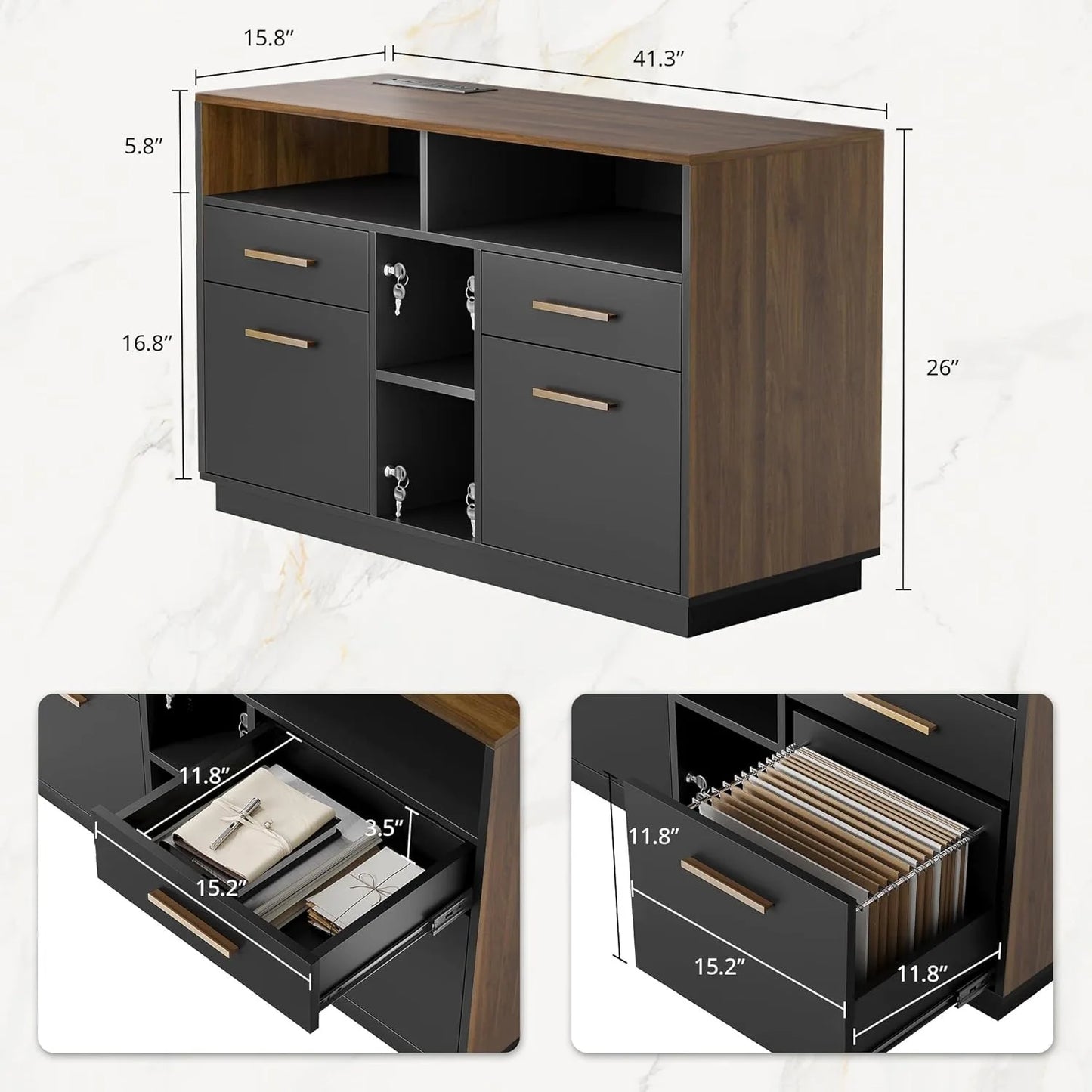 Four Drawer Wooden Filing Cabinet With Lock Power Outlet