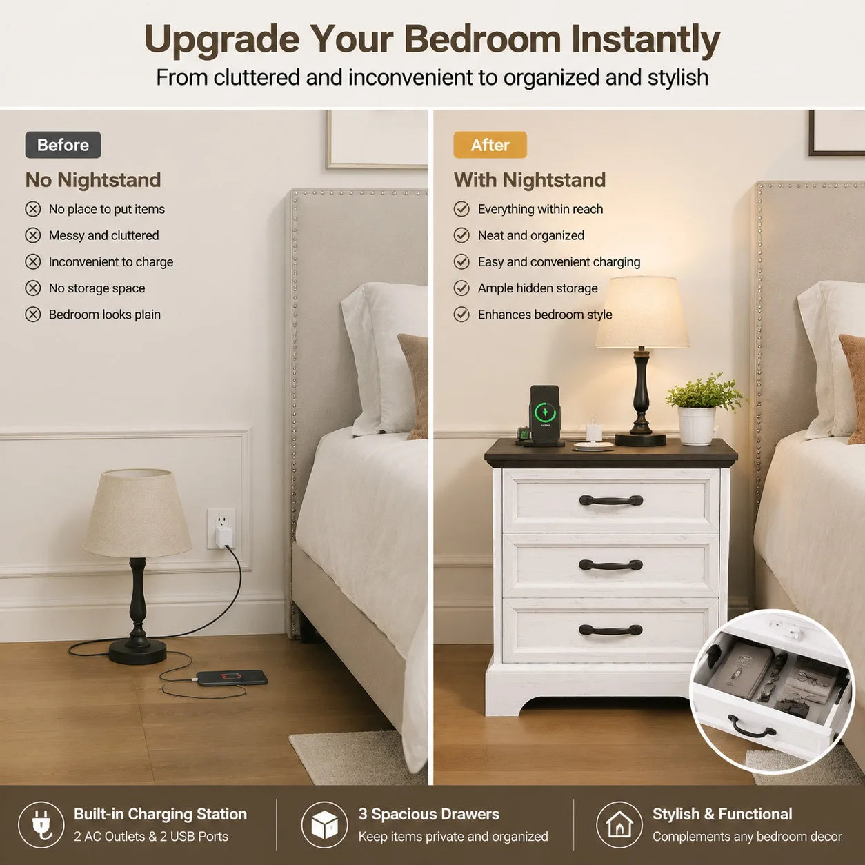 Farmhouse Nightstand With Charging Station And Three Wooden Drawers