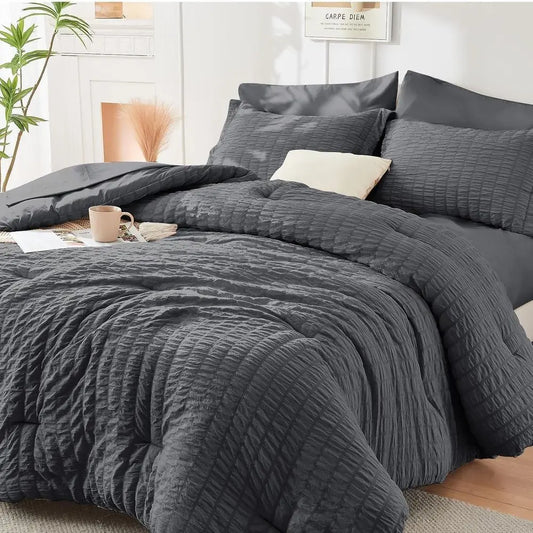 Comorter Set Seersucker 7 Pieces, All Season Luxury Bed in a Bag or Bedroom, Bedding Set with Comorters, Sheets, Pillowcases & S
