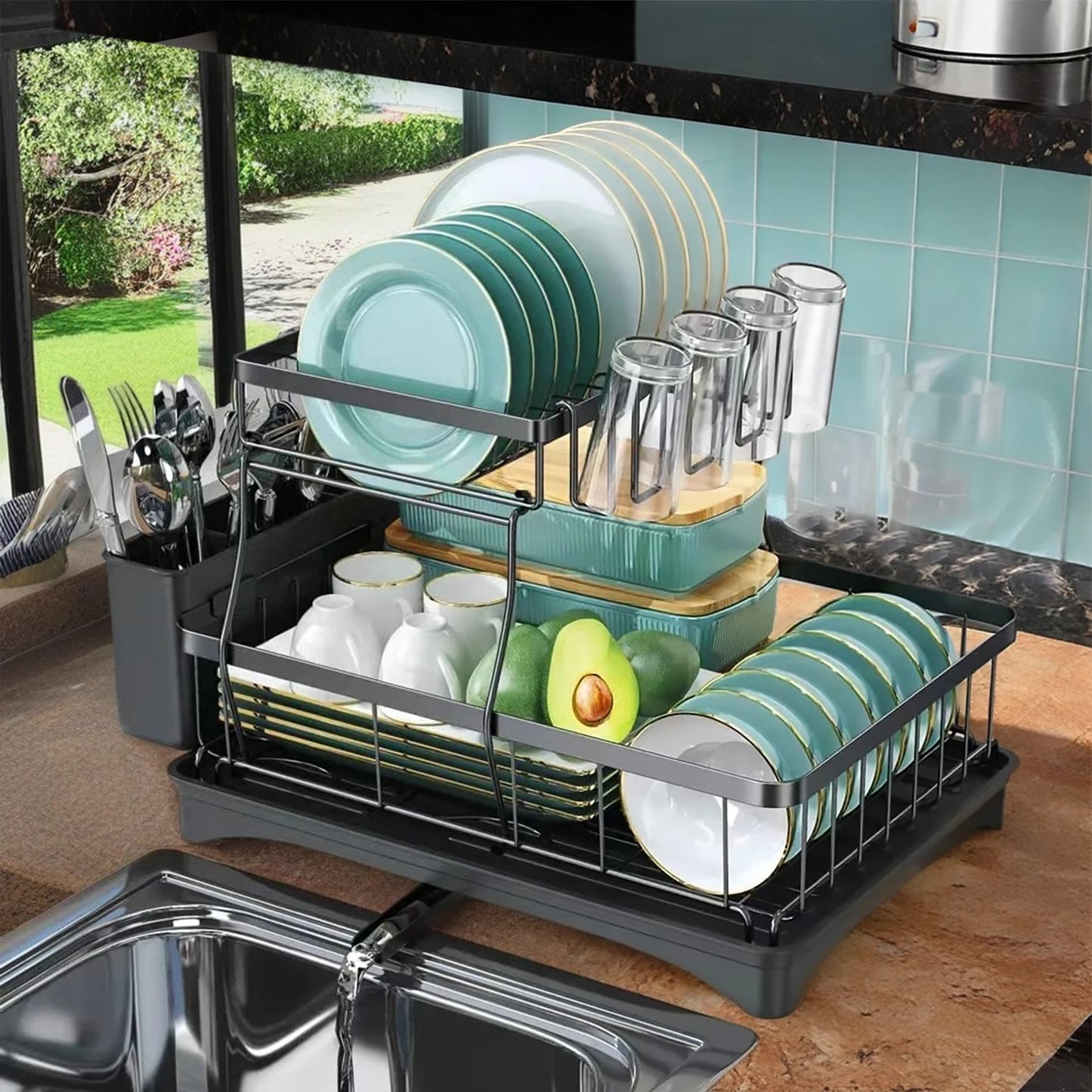 Two-Tier Dish Drying Rack For Kitchen Countertops Removable