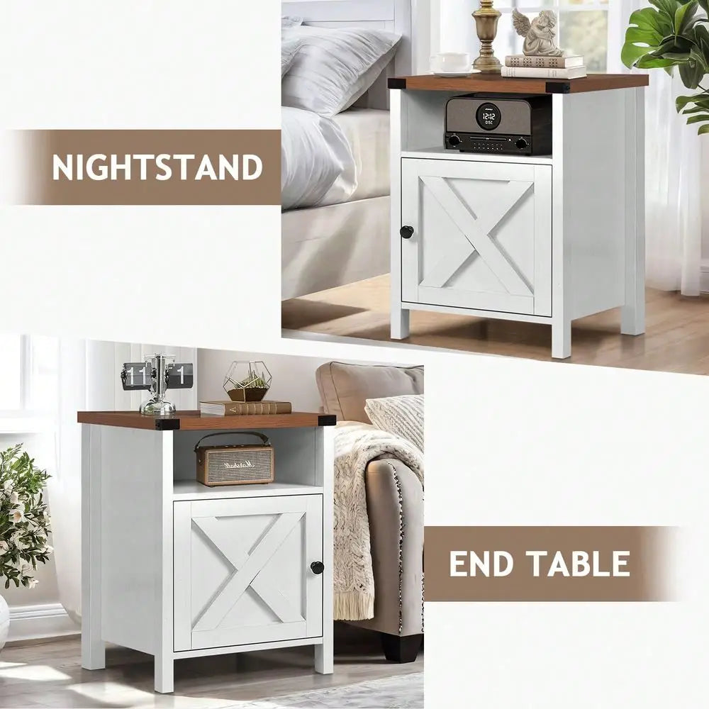 Farmhouse Wood Nightstand Set Two With Cabinet Shelf End Table