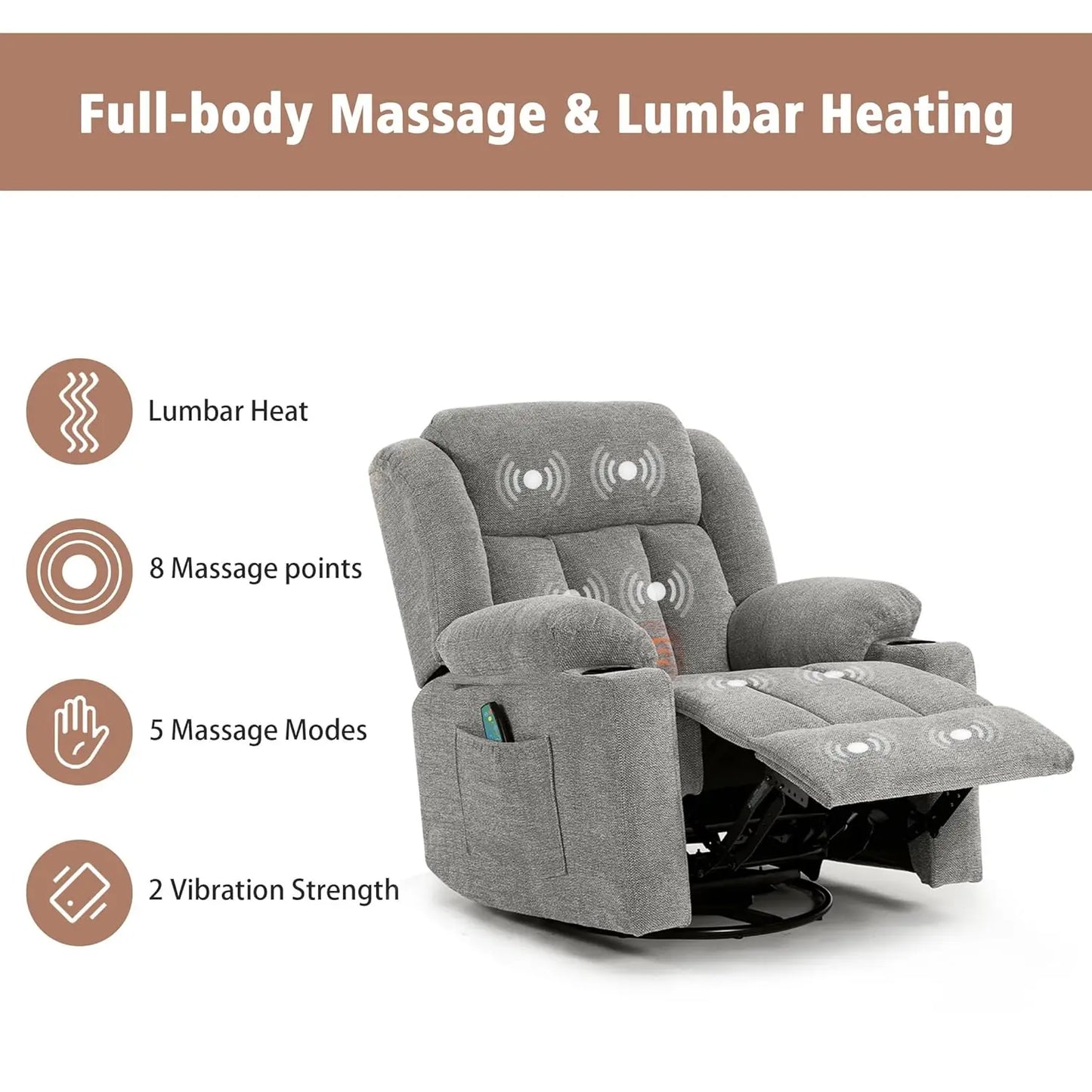 Overstuffed Rocker Recliner with Massage & Heat, Soft Fabric Glider for Living Room, Manual Swivel, Large Adult, Custom