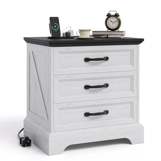 Modern Farmhouse Wood Nightstand With Charging Station And Storage Drawers