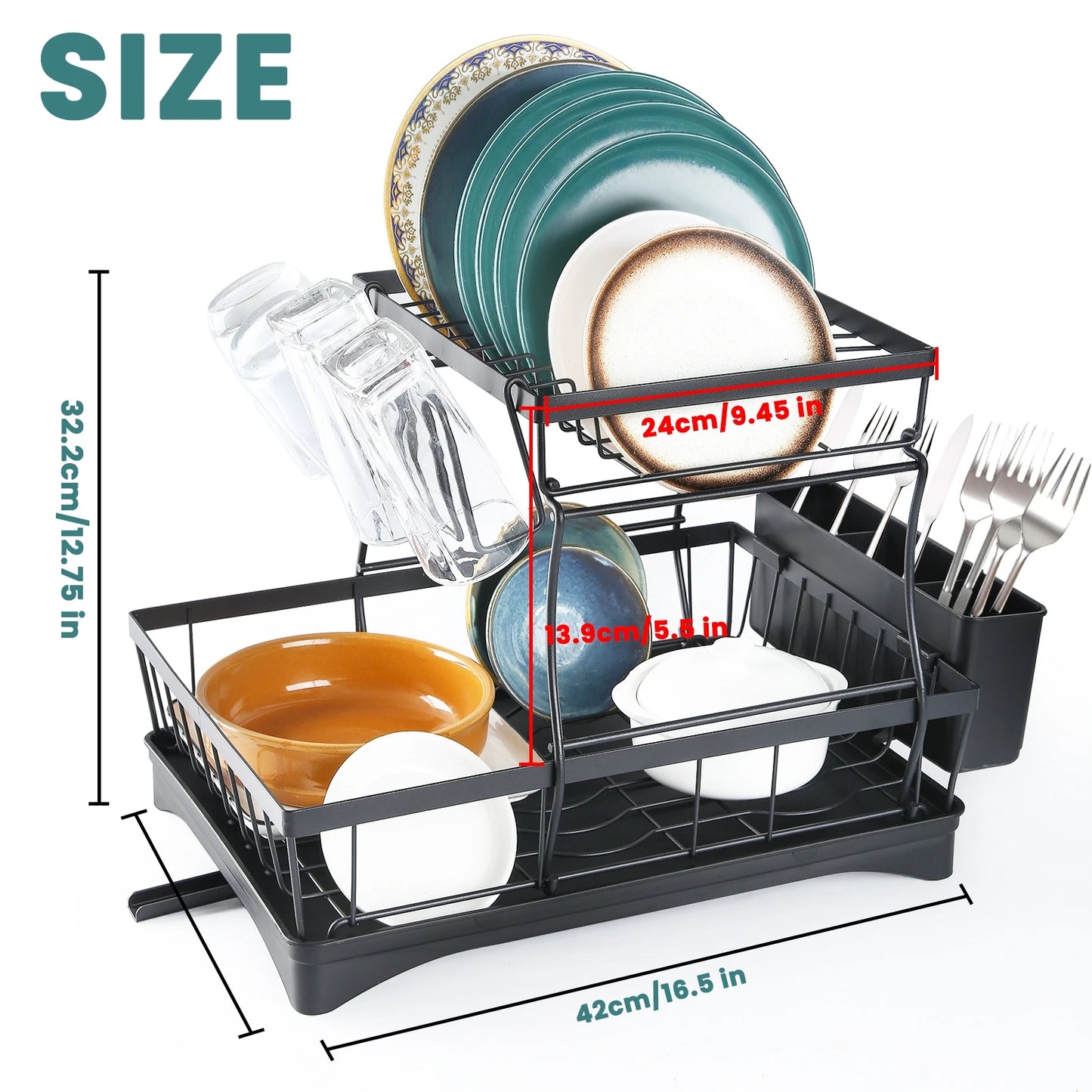 Two-Tier Dish Drying Rack For Kitchen Countertops Removable