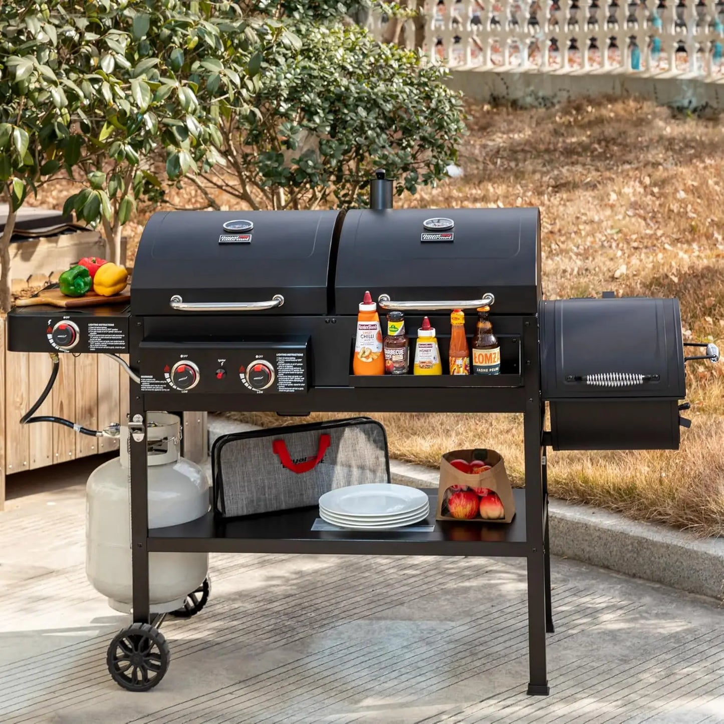 2-Burner Gas and Charcoal Combo Grill with Offset Smoker