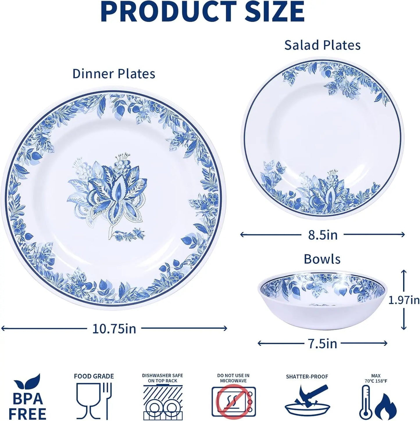Floral Melamine Dinnerware Set for Four Dishwasher Safe Break-Resistant