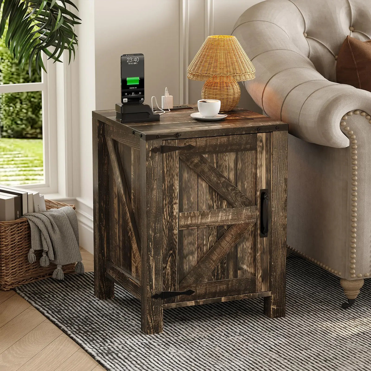 Rustic Farmhouse Nightstand With Charging Station Barn Door And Adjustable Storage Shelf Wooden Small Bedside Table 18 Inch Modern Two Tier Nightstand And End Table For Bedroom