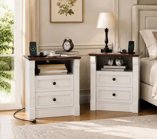 Garvee Nightstand Charging Station Dual Drawers Wooden Bedside Table