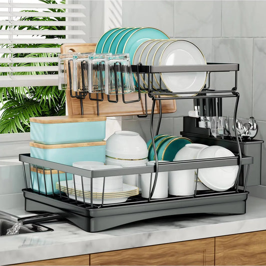 Two-Tier Dish Drying Rack For Kitchen Countertops Removable