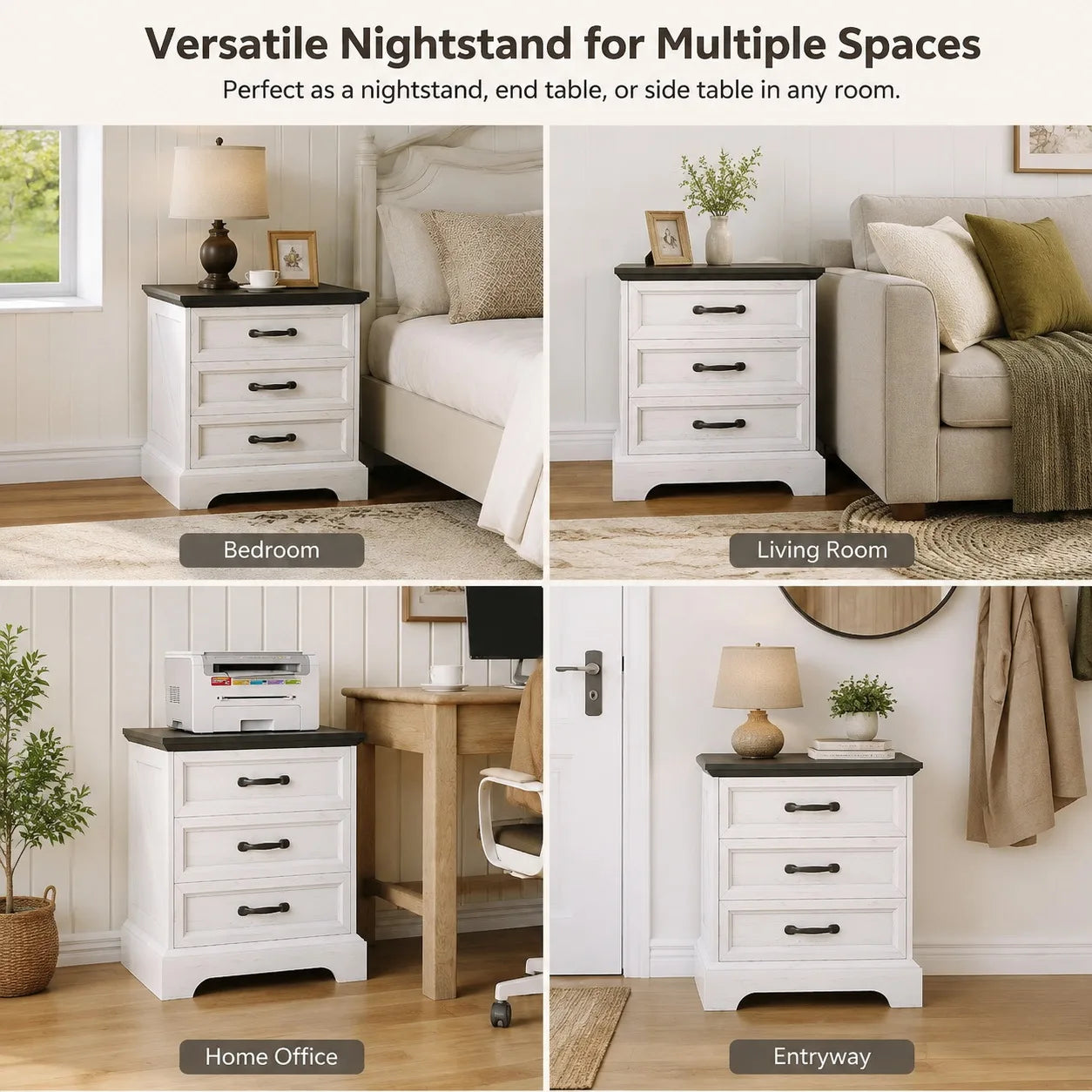 Farmhouse Nightstand With Charging Station And Three Wooden Drawers
