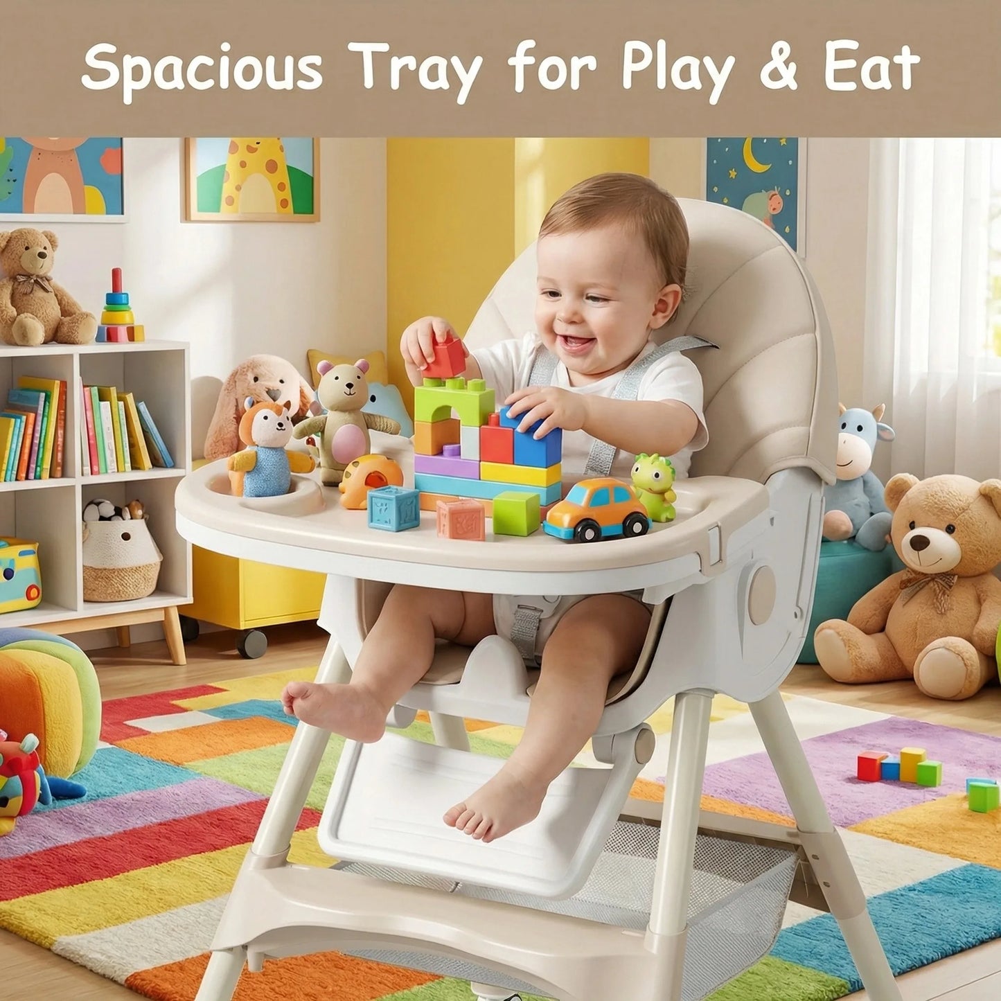 Multifunctional Foldable Kids High Chair by-6-in-1 Design with Adjustable Height, Reclining Backrest, 3-Position Tray, 5-Point Safety Harness & Removable Cushion for Home, Travel & Outdoor