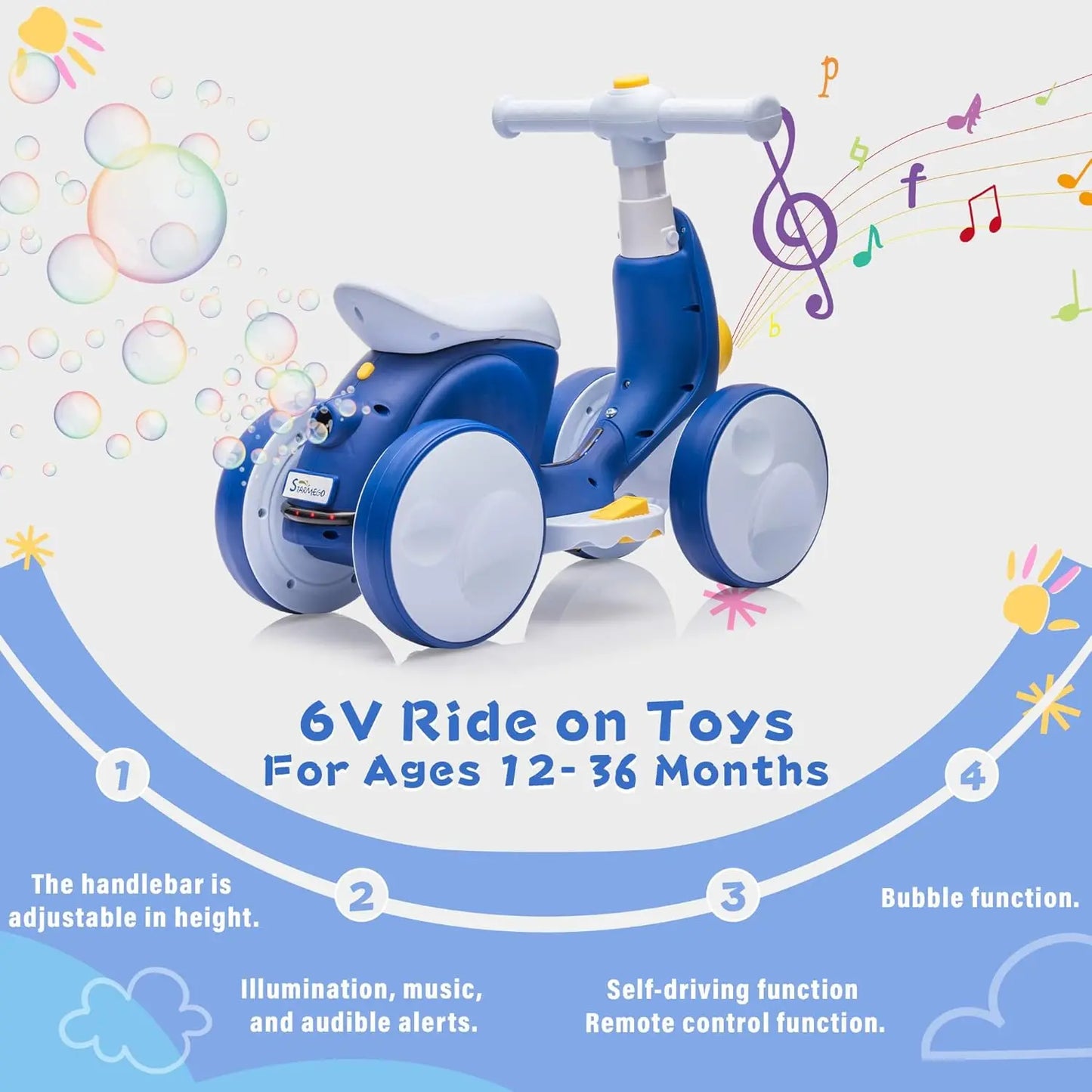 6V Electric Toddler Balance Bike With Bubble Machine Led Lights