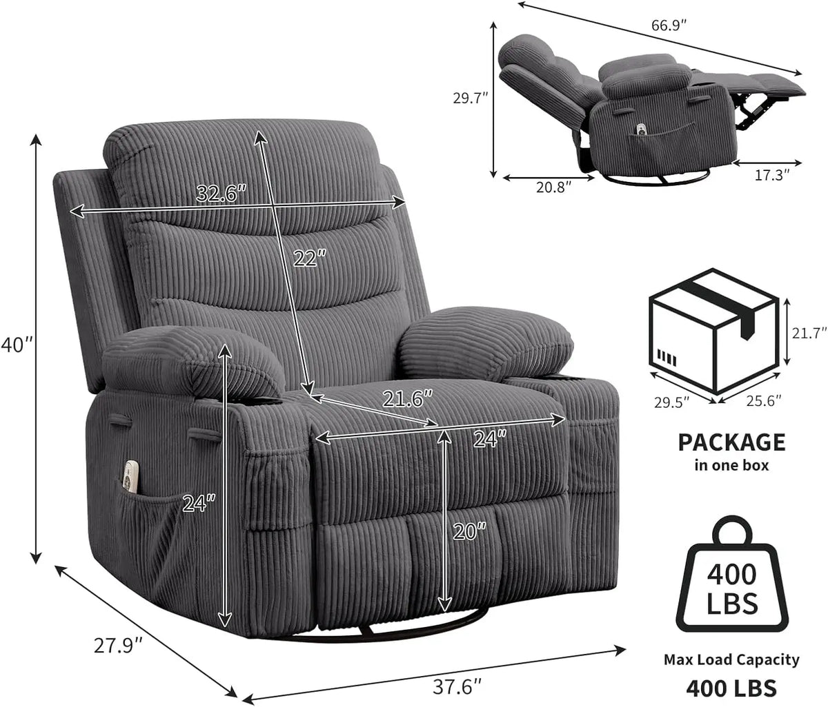 Garvee 360° Swivel Glider Rocker Massage Office Chair Full Body Airbag Sofa with Massage & Heat Wide Seat Manual Lounge Armchair with Cup Holder, for Living Room/Nursery/Bedroom/RV