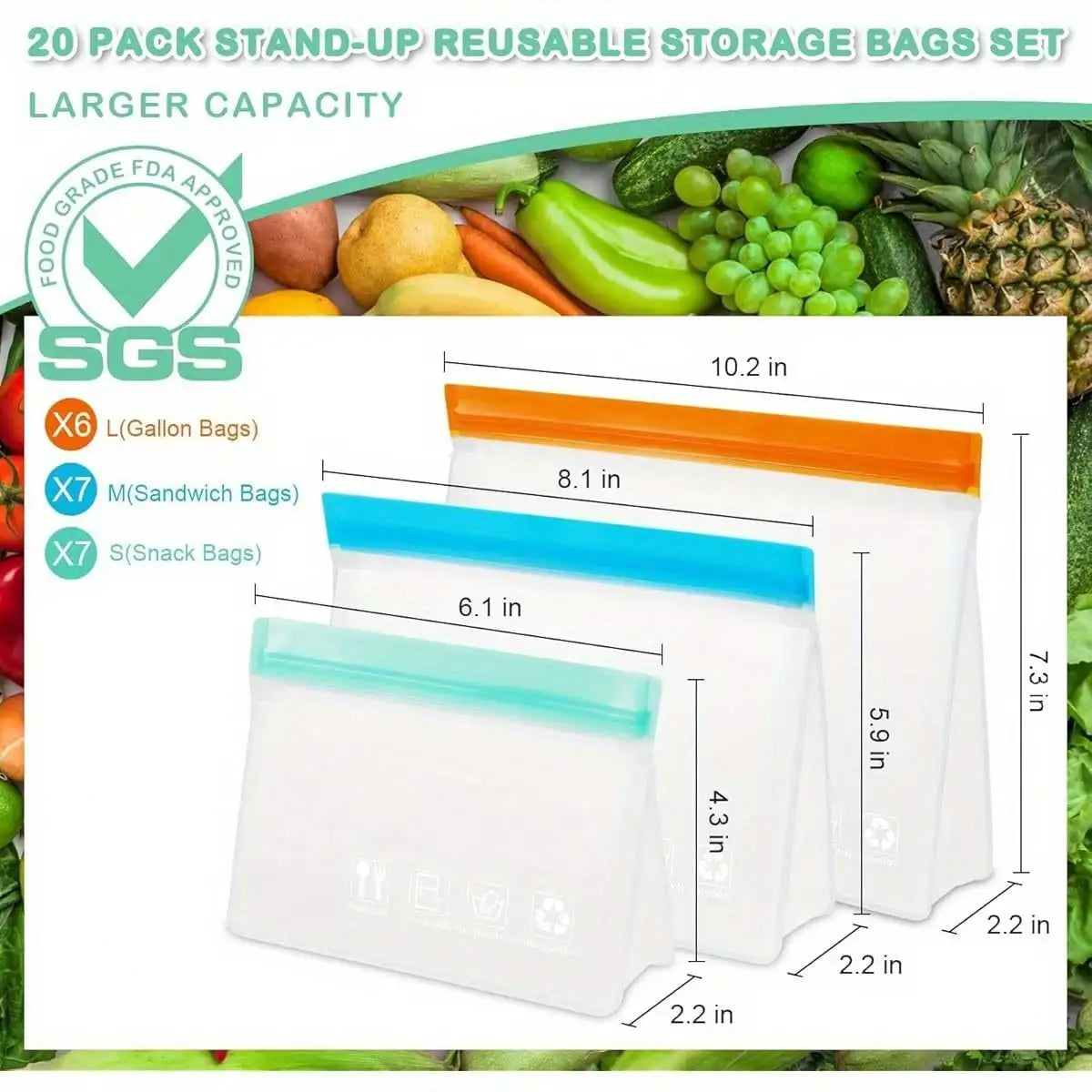 Reusable Freezer Bags 15 Pack Leakproof Stand Up Food Storage