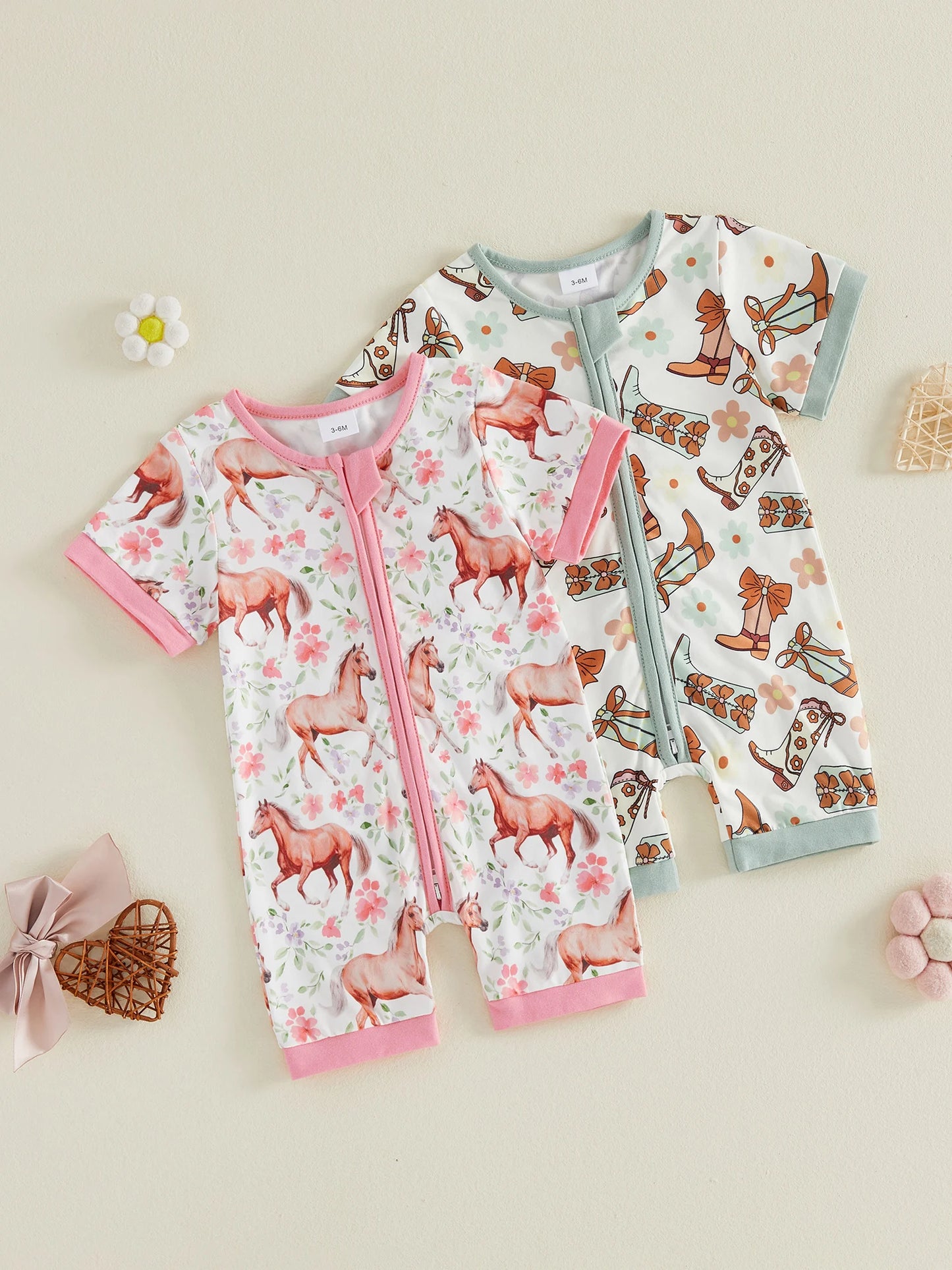 Baby Girl Romper Short Sleeve Crew Neck Western Boots Floral