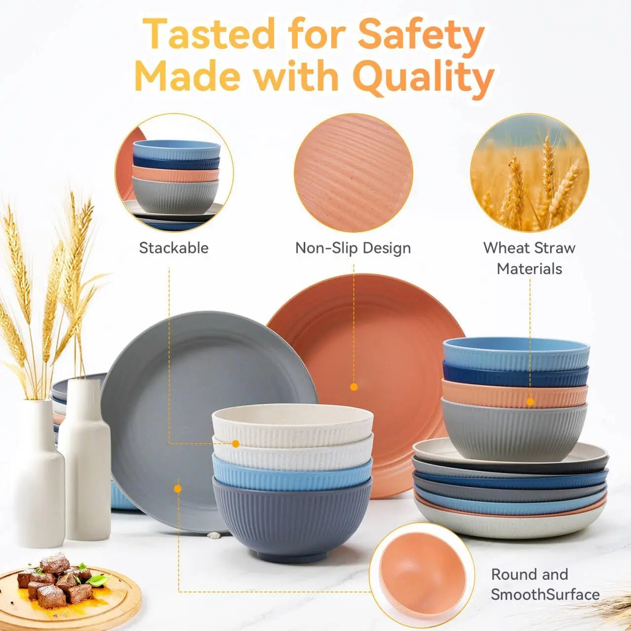 64-Piece Wheat Straw Dinnerware Set Unbreakable Plates Bowls Dishwasher Safe