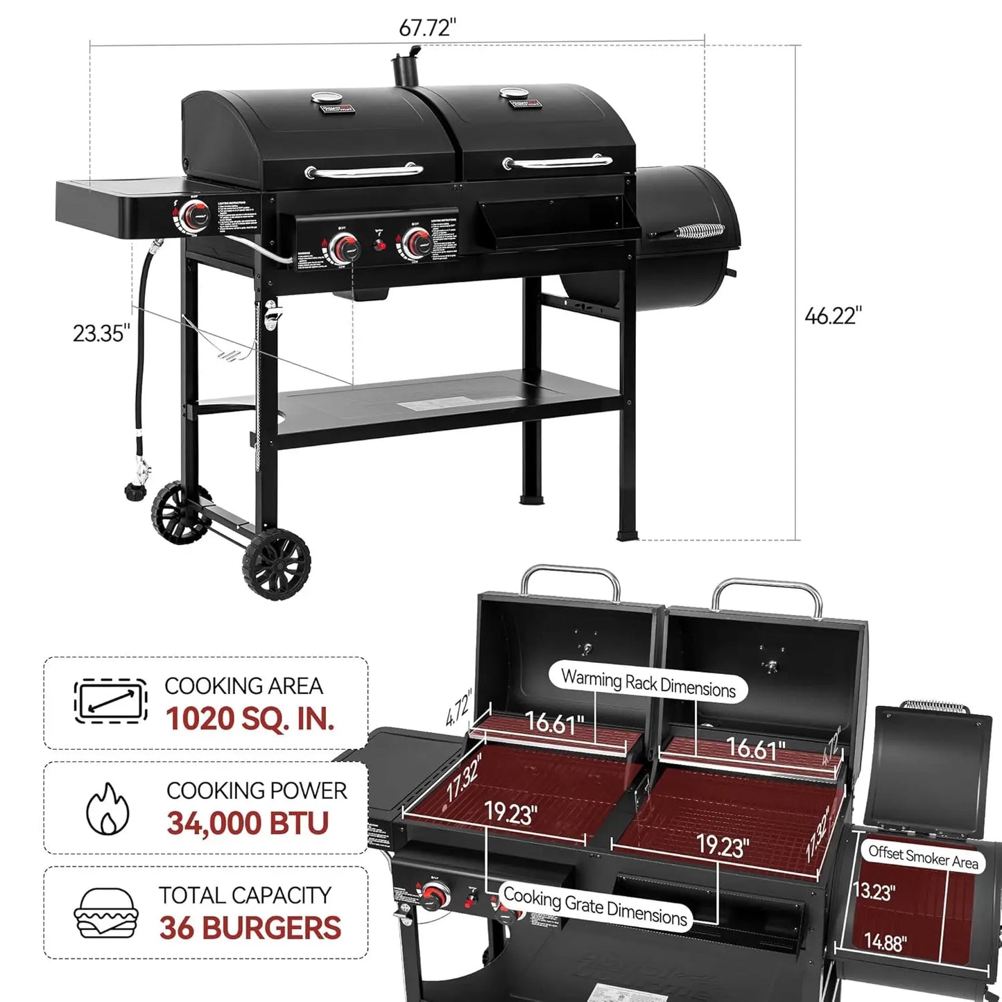 2-Burner Gas and Charcoal Combo Grill with Offset Smoker