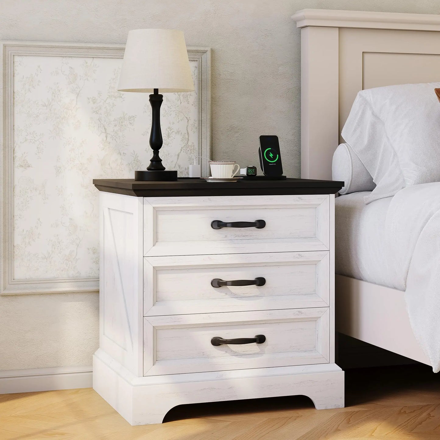 Modern Farmhouse Wood Nightstand With Charging Station And Storage Drawers