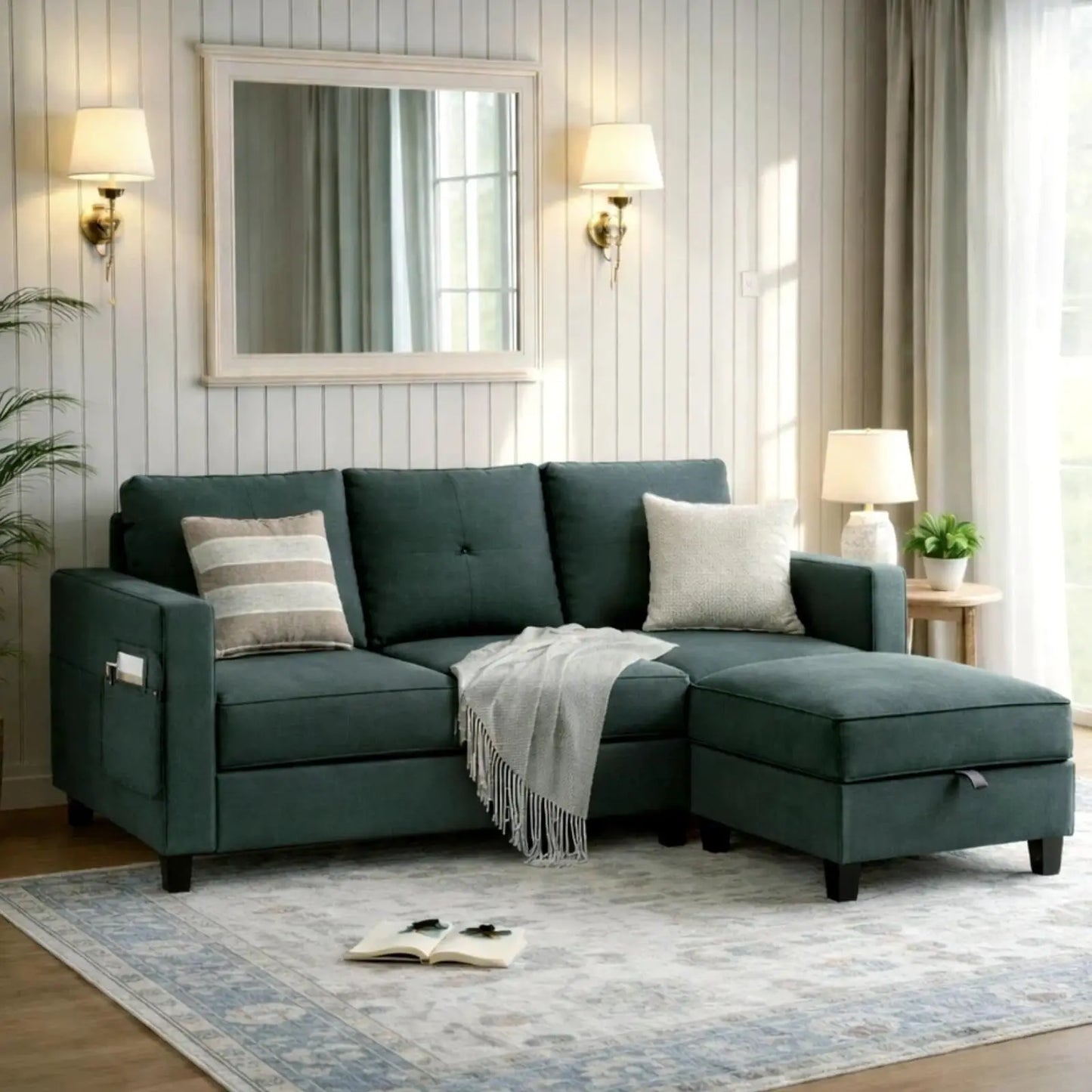 L Shaped Convertible Sectional Sofa With Reversible Storage Ottoman