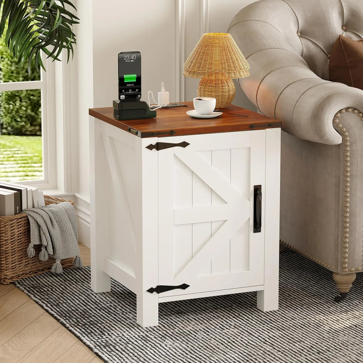 Rustic Farmhouse Nightstand With Charging Station Barn Door And Adjustable Storage Shelf Wooden Small Bedside Table 18 Inch Modern Two Tier Nightstand And End Table For Bedroom