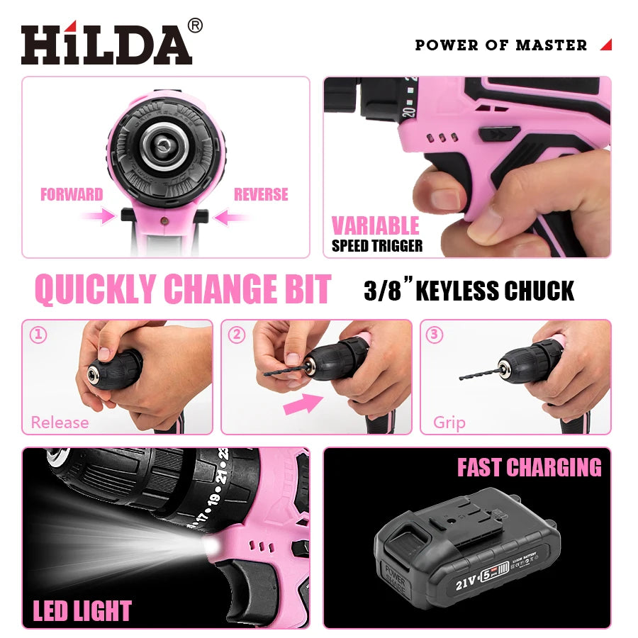 HILDADIY 21V Cordless Drill With 25 to 1 Torque Settings