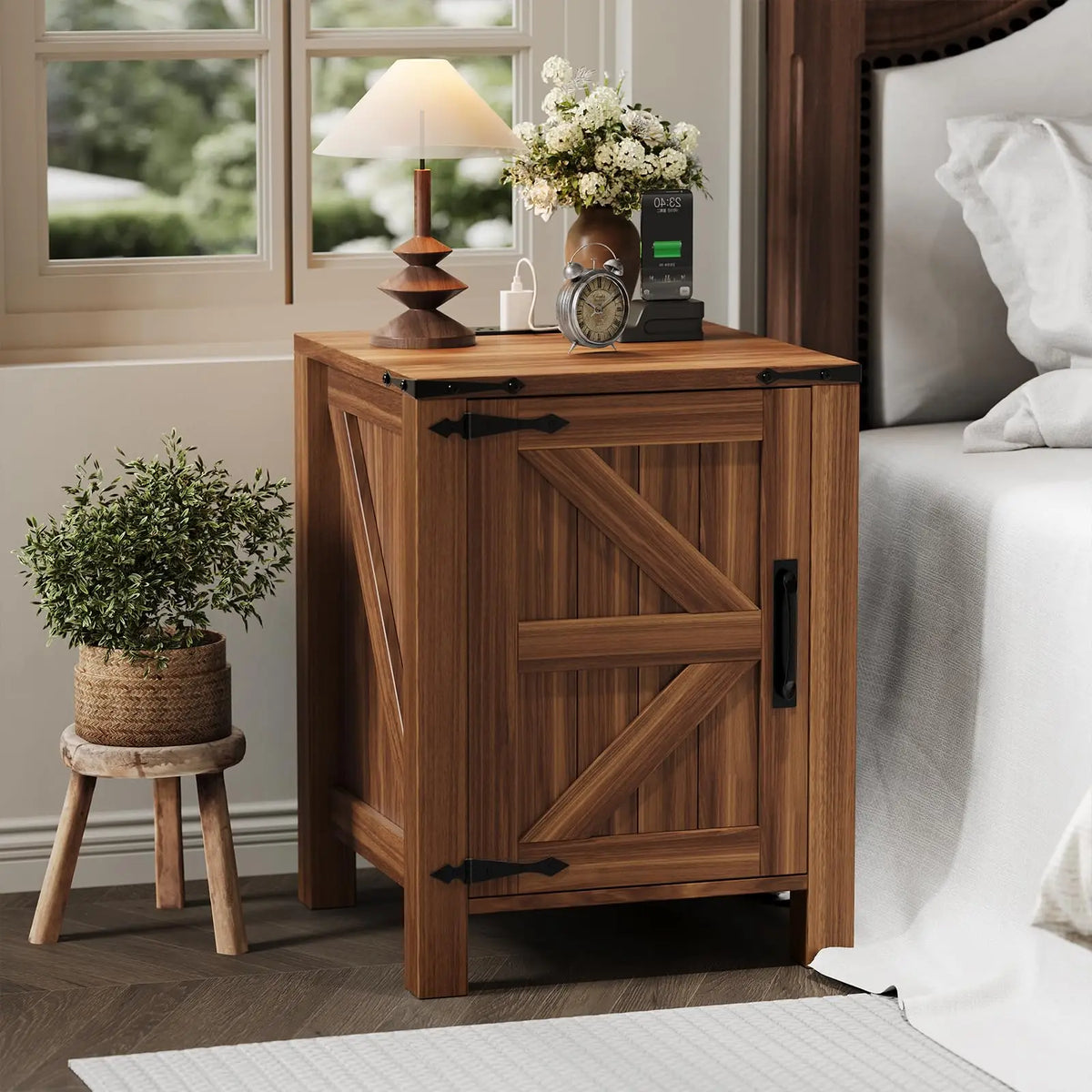 Rustic Farmhouse Nightstand With Charging Station Barn Door And Adjustable Storage Shelf Wooden Small Bedside Table 18 Inch Modern Two Tier Nightstand And End Table For Bedroom